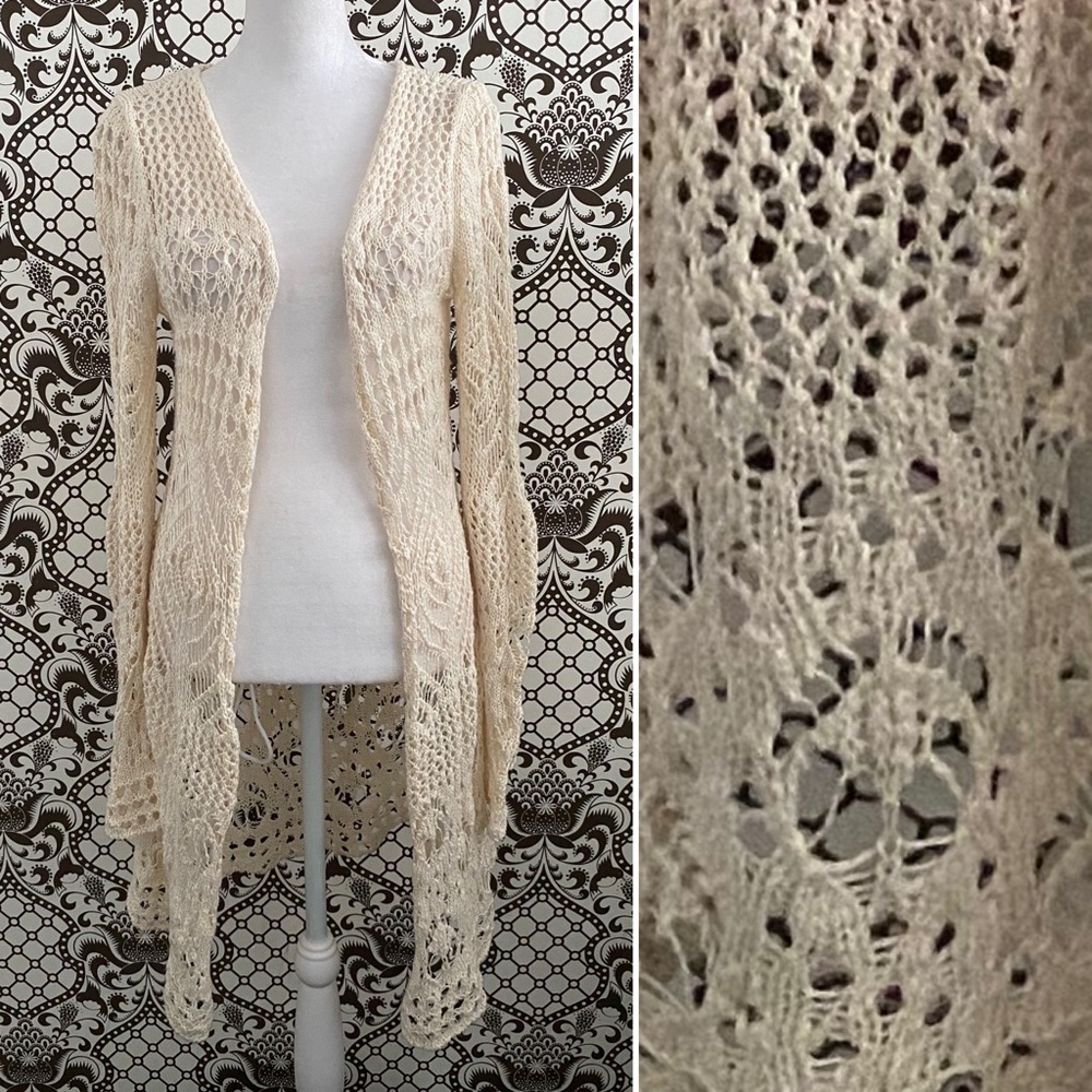 FREE PEOPLE ✨ crochet macrame woven lace fringe coverup open front cardigan